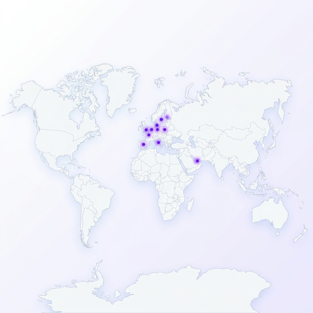 World Map highlighting UK, Germany, France, Spain, Italy, Netherlands, Sweden, Denmark, Poland, and UAE
